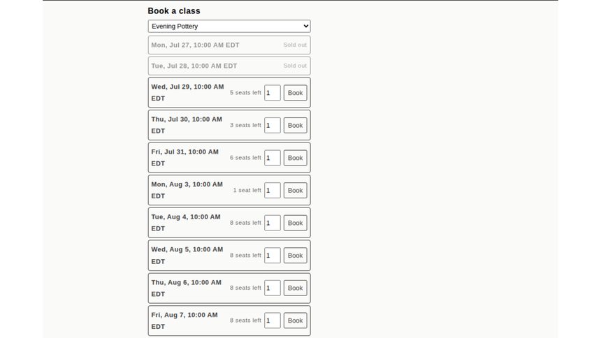 Trenoxa booking app admin, showing the class scheduling interface